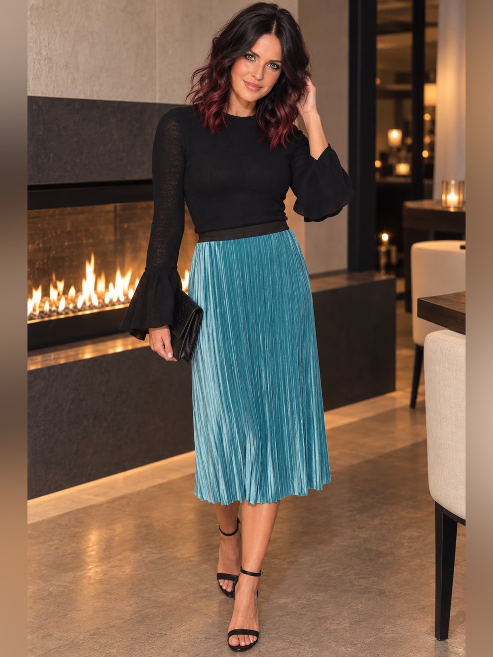 Leith Teal Blue Green Pleated Midi Velour Velvet Skirt Black Elastic Waistband L